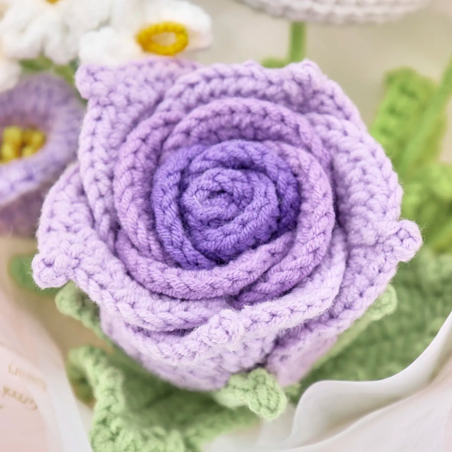 YSHomy Purple Crochet Flowers Bouquet with Cute Bunny Cup-Shaped Rose Daisy