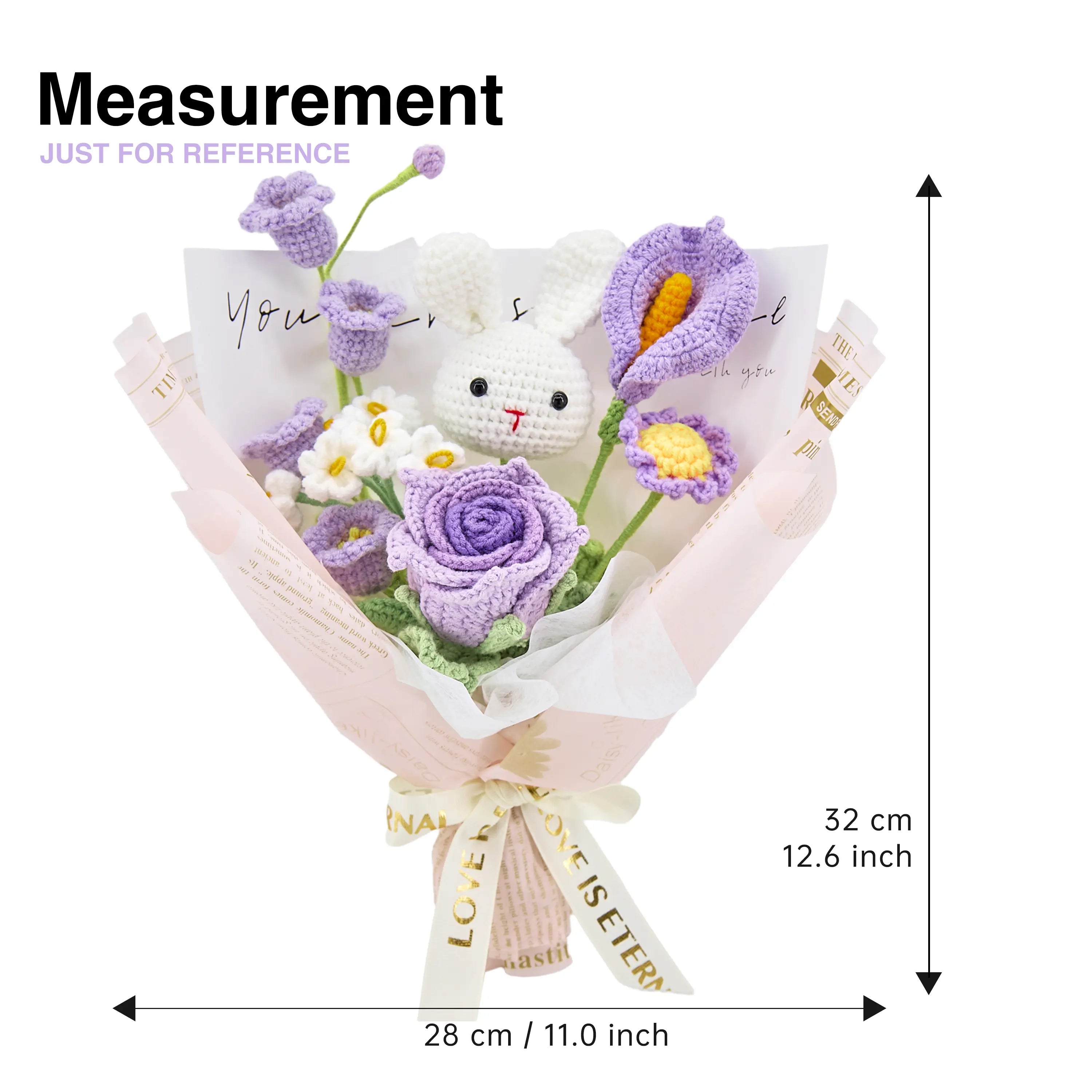 YSHomy Purple Crochet Flowers Bouquet with Cute Bunny Cup-Shaped Rose Daisy