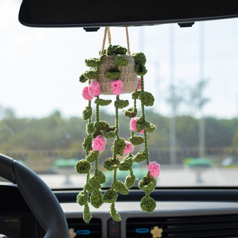 YSHomy Crochet Car Mirror Hanging Plants with Pink Flowers