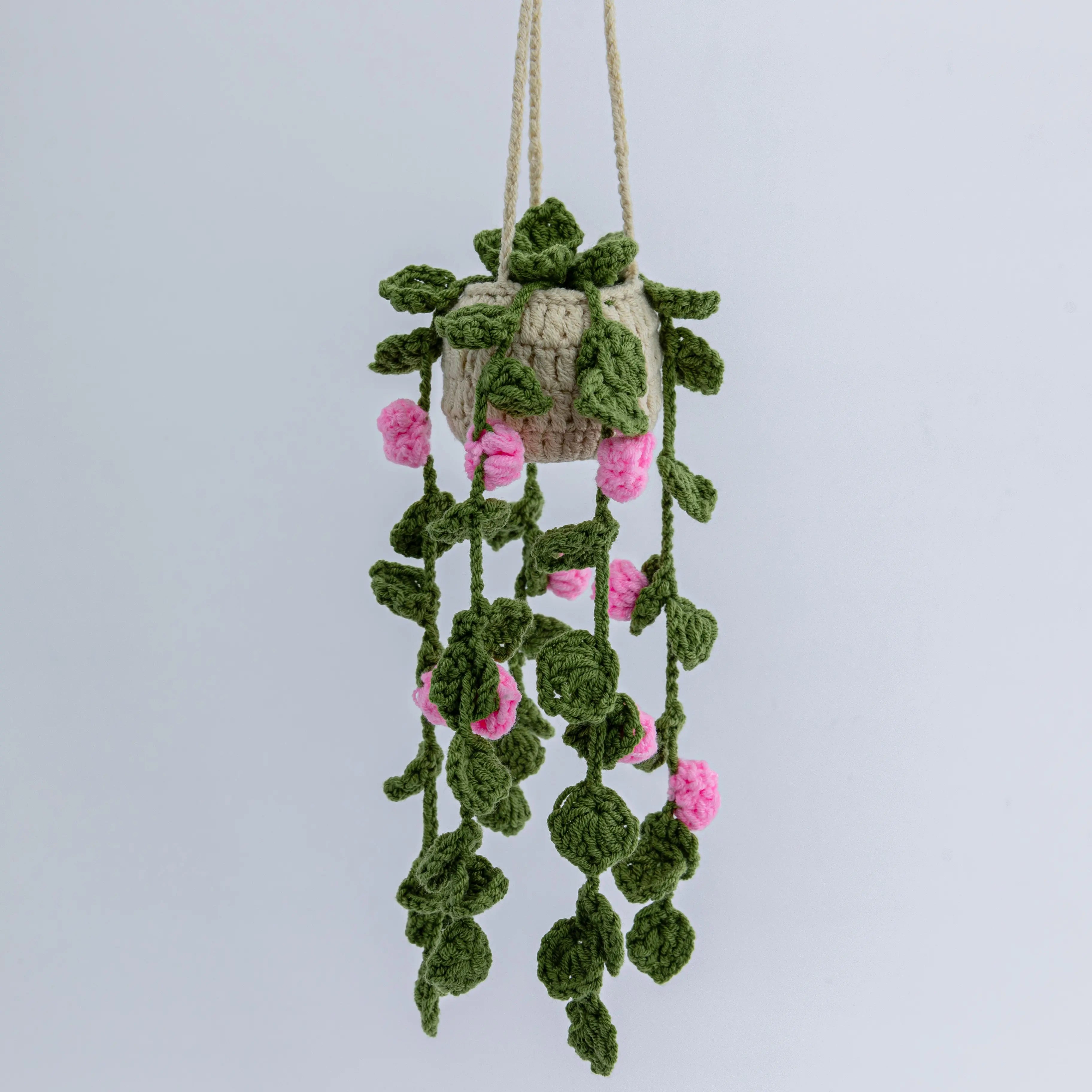 YSHomy Crochet Car Mirror Hanging Plants with Pink Flowers