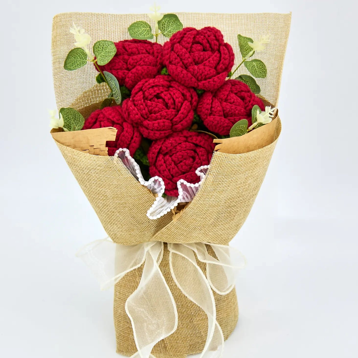 YSHomy Crochet Flowers Bouquet with Red Crochet Rose