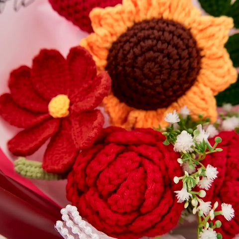 YSHomy Wrapped Red Crochet Flowers with Rose & Sunflower Bouquet