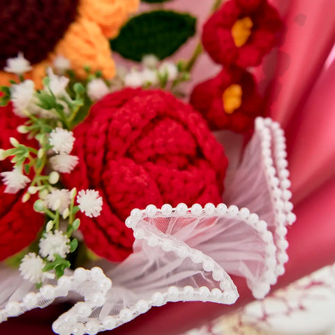 YSHomy Wrapped Red Crochet Flowers with Rose & Sunflower Bouquet