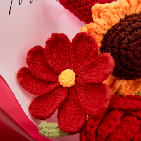 YSHomy Wrapped Red Crochet Flowers with Rose & Sunflower Bouquet