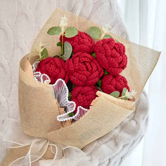 YSHomy Crochet Flowers Bouquet with Red Crochet Rose for Valentine's Day 1070