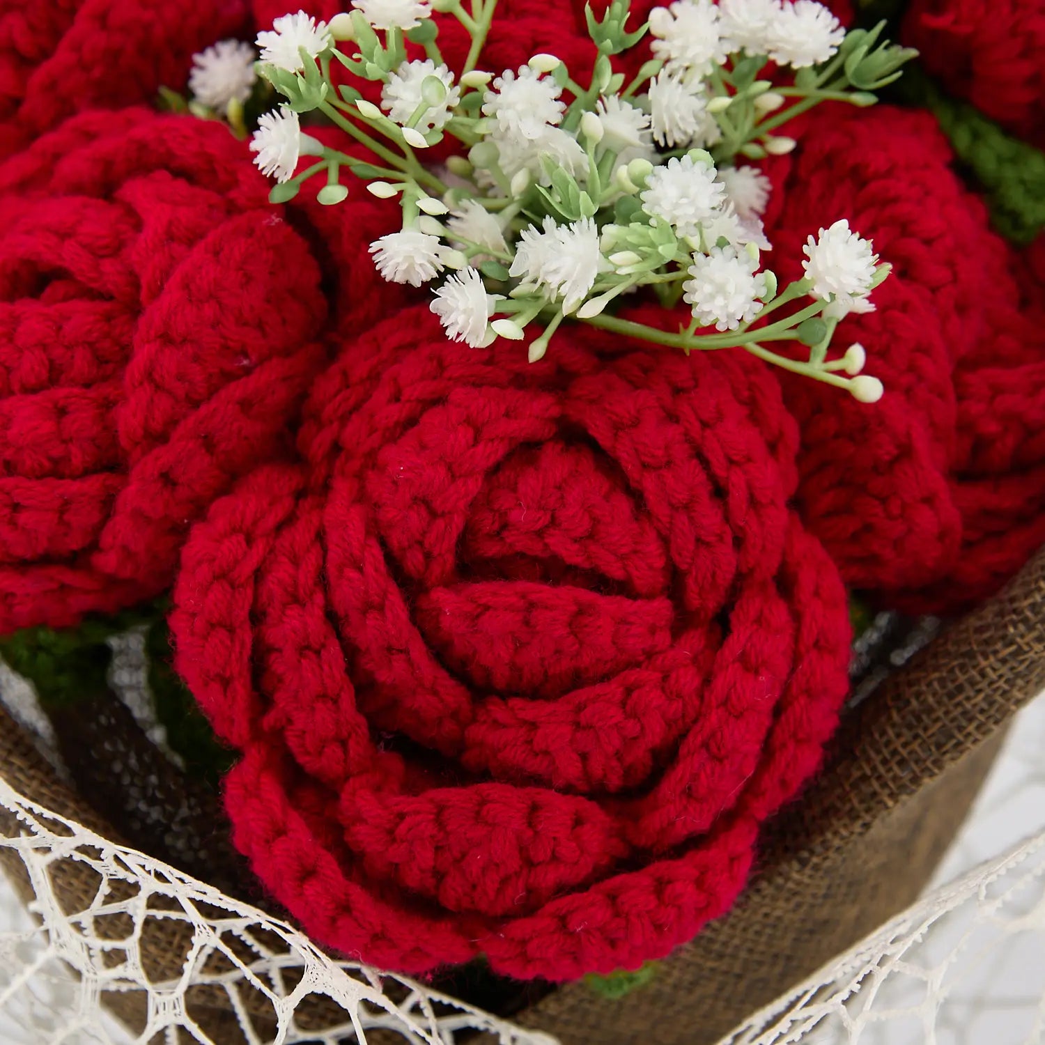 YSHomy Crochet Flowers Bouquet with Red Crochet Rose for Valentine's Day