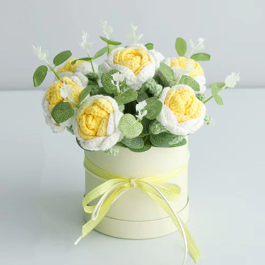 YSHomy Crochet Flowers with Yellow Rose Bouquet in Gift Box Wrapping 1000