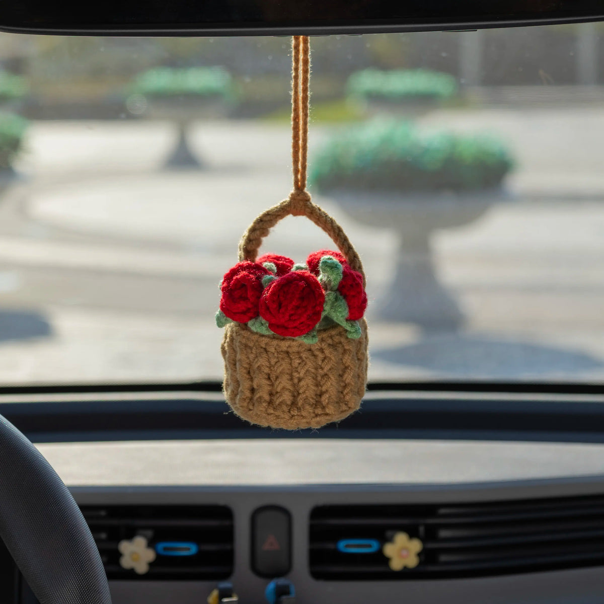 YSHomy Crochet Hanging Rose Flower Basket for Car Mirror