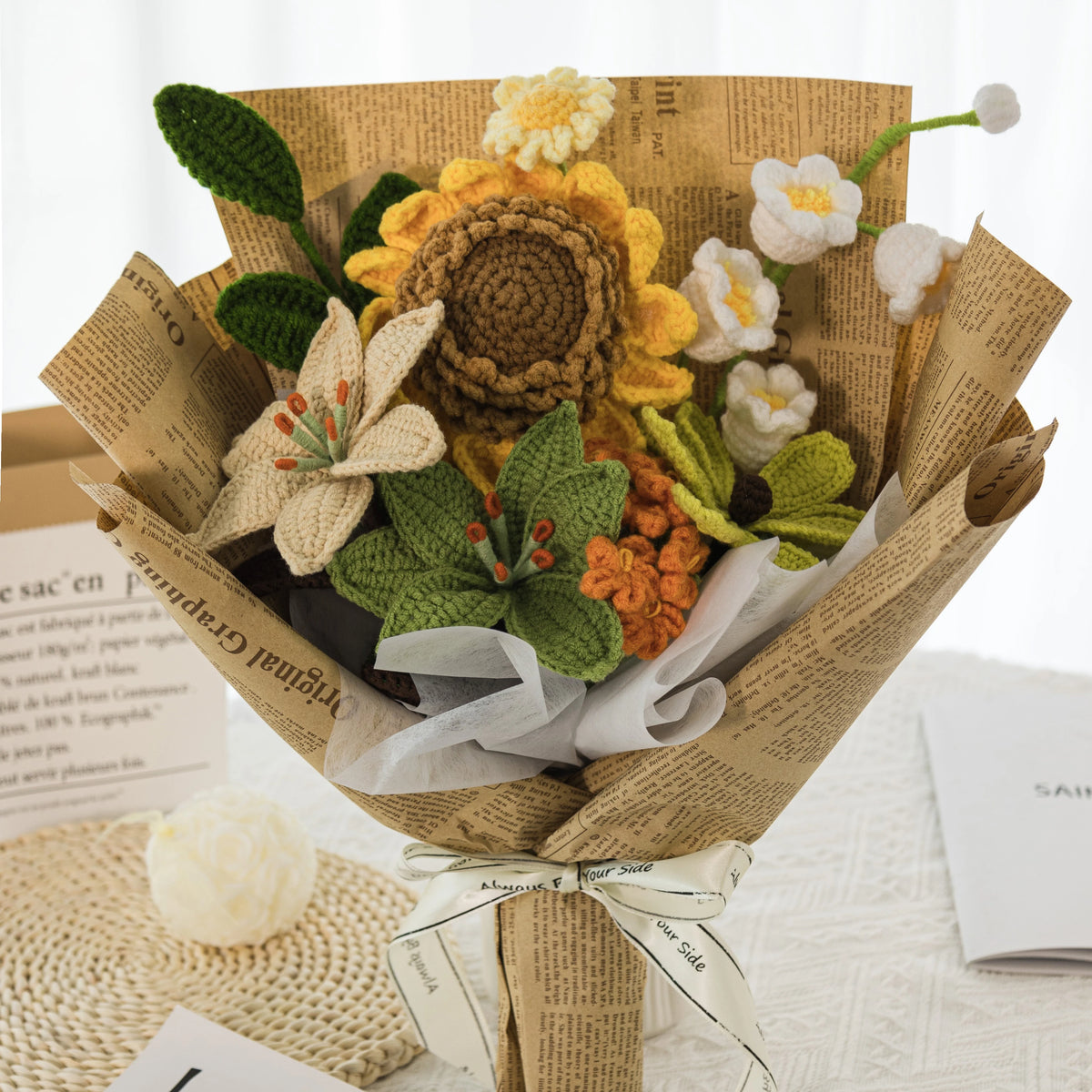 YSHomy Wrapped Crochet Flowers Bouquet with Upgraded Sunflower