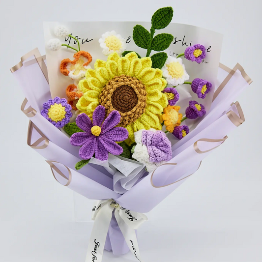 YSHomy Purple Wrapped Crochet Flowers with Big Sunflower Bouquet 1500