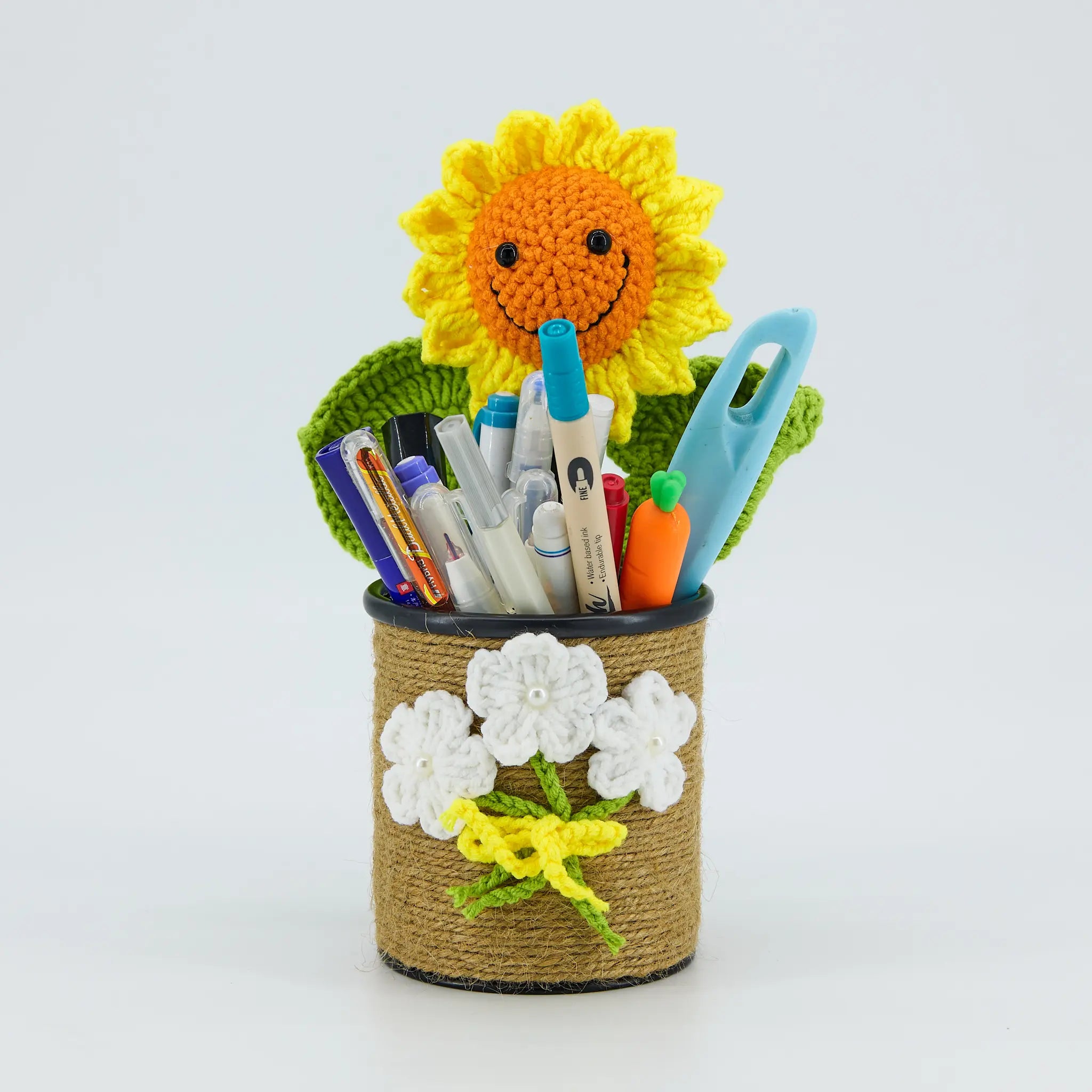 YSHomy Handmade Crochet Sunflower Pen Holder for Desk Decor