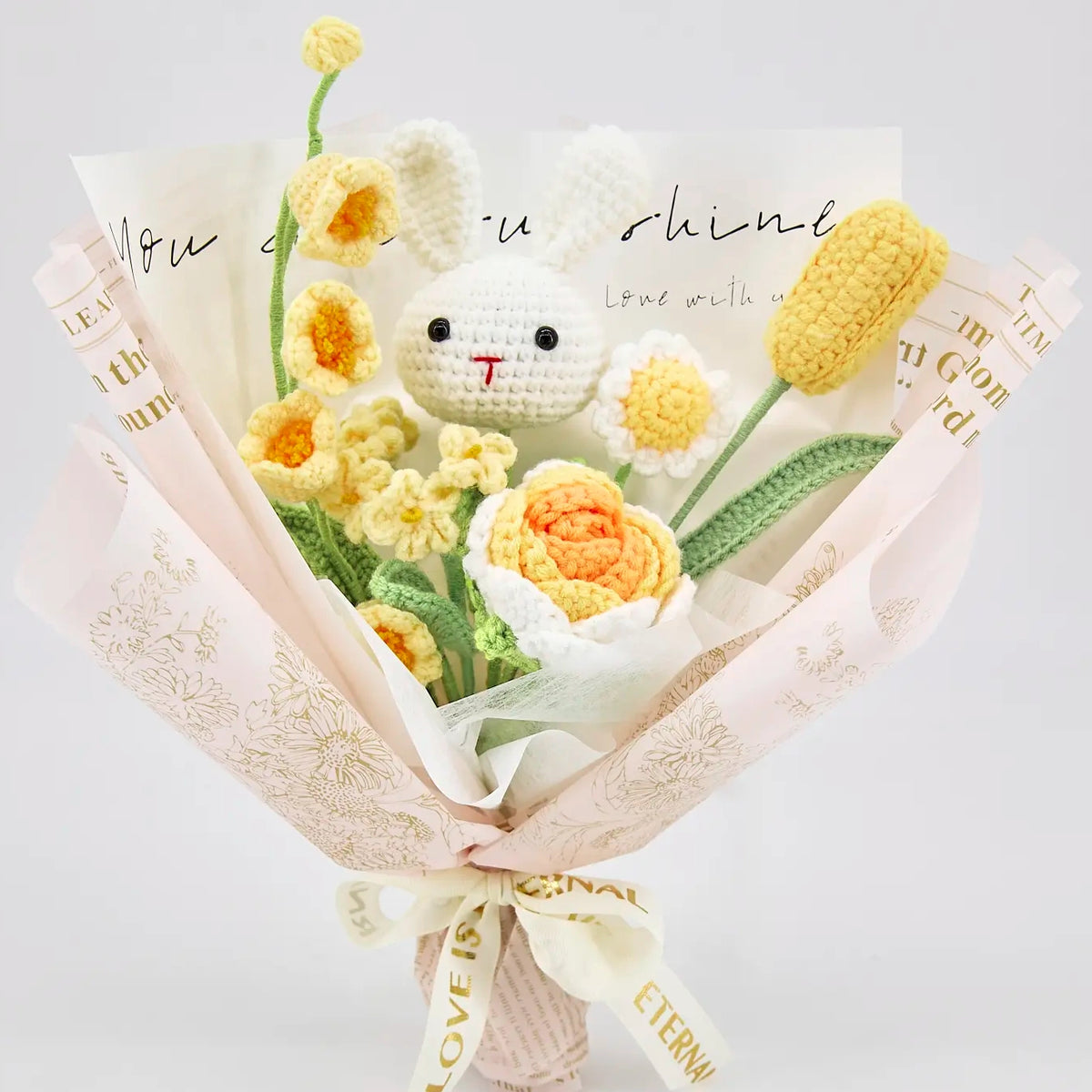 YSHomy Yelllow Crochet Flowers Bouquet with Cute Bunny Rose Tulip