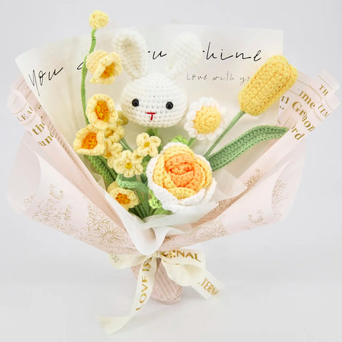 YSHomy Yelllow Crochet Flowers Bouquet with Cute Bunny Rose Tulip