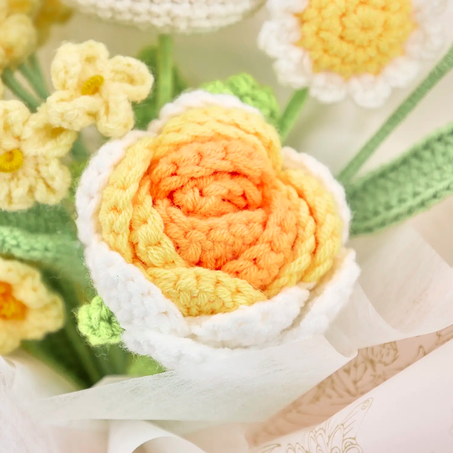 YSHomy Yelllow Crochet Flowers Bouquet with Cute Bunny Rose Tulip