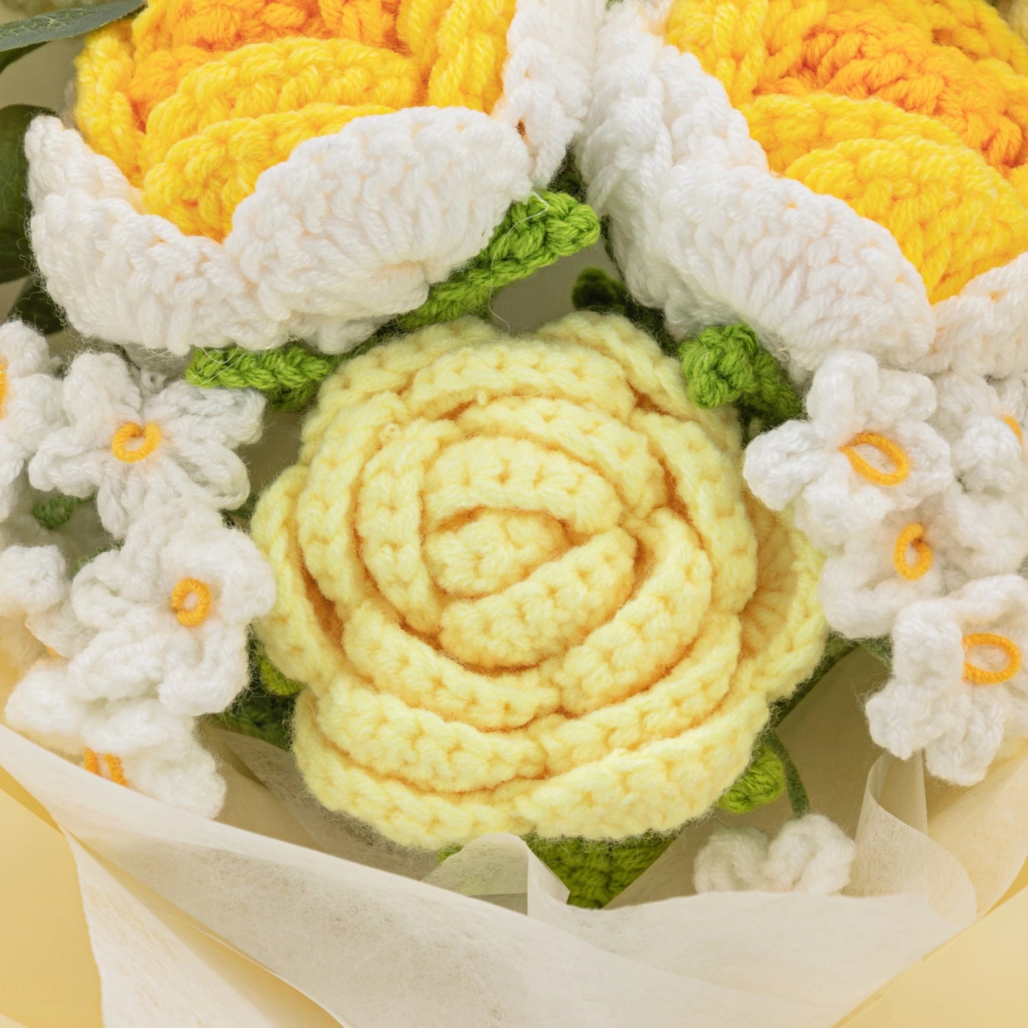 YSHomy Wrapped Handmade Crochet Flowers with Yellow Rose Bouquet