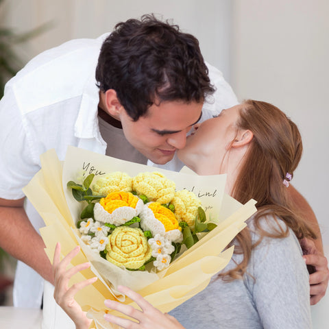 Wrapped Handmade Crochet Flowers with Yellow Rose Bouquet